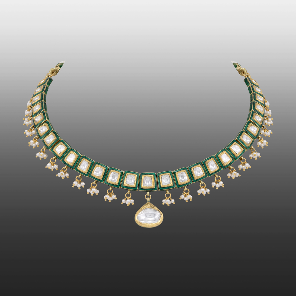 Green Meenakari Necklace with Polkis and Pearl Cheed Drops